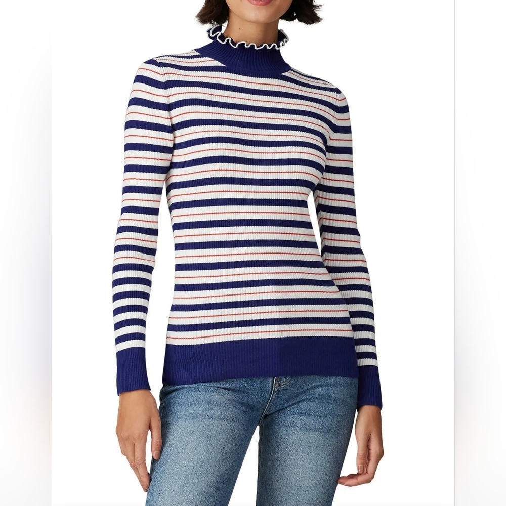 Scotch & Soda Navy Red Striped Ruffle Turtleneck